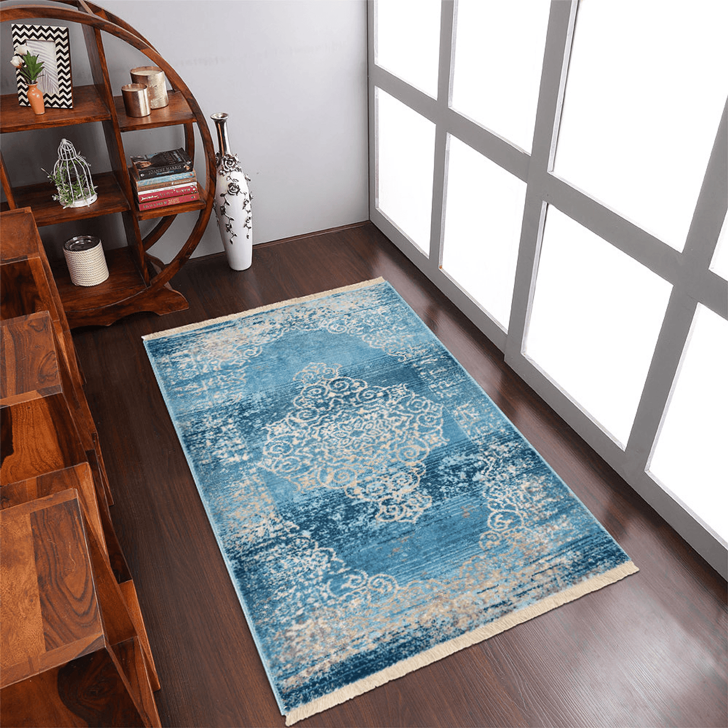 Rugsotic Carpets Machine Woven Crossweave Polyester Blue Area Rug Oriental