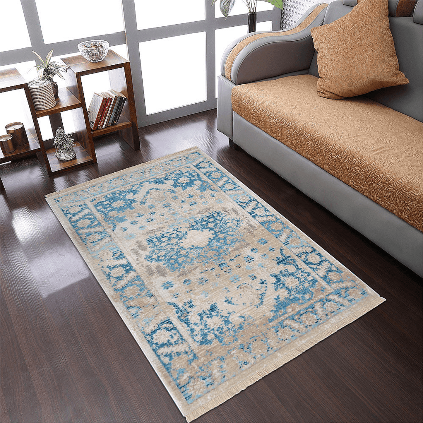 Rugsotic Carpets Machine Woven Crossweave Polyester Blue Area Rug Oriental