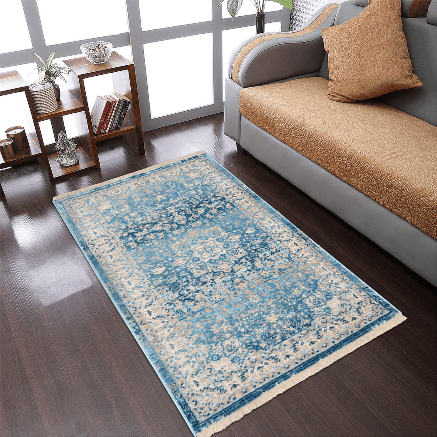 Rugsotic Carpets Machine Woven Crossweave Polyester Blue Area Rug Oriental
