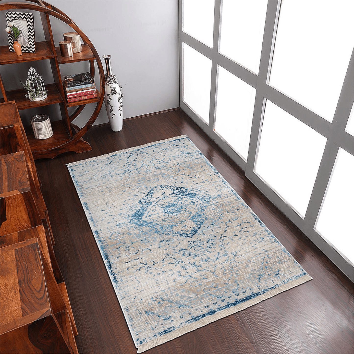Rugsotic Carpets Machine Woven Crossweave Polyester Blue Area Rug Oriental