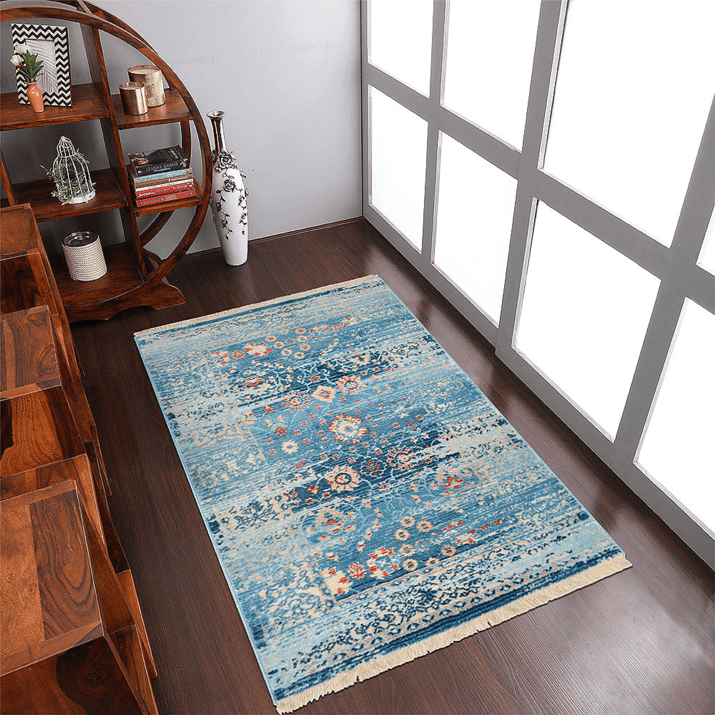 Rugsotic Carpets Machine Woven Crossweave Polyester Blue Area Rug Oriental