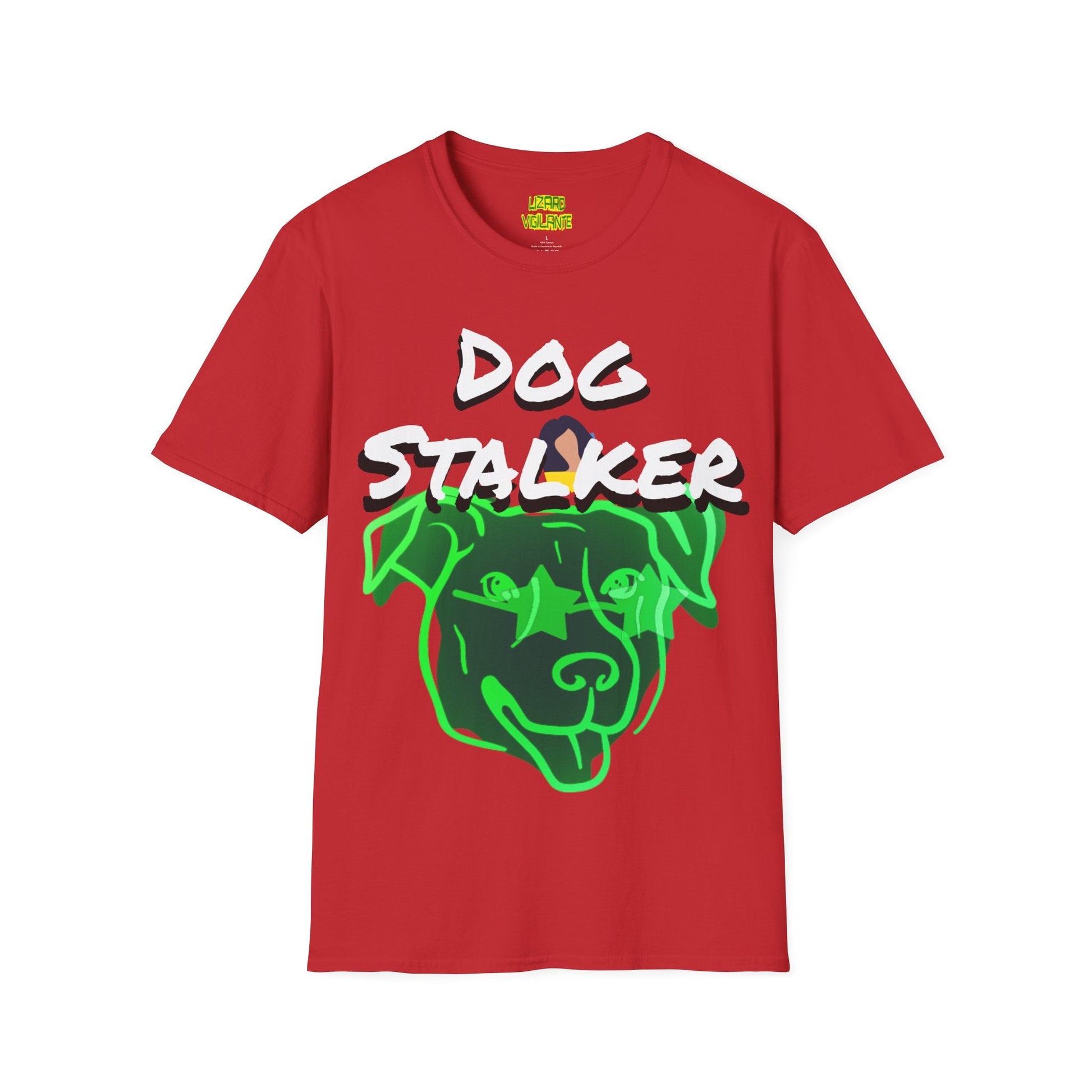 Dog Stalker Woman Photobombing Behind Dog Unisex Softstyle T-Shirt - Lizard Vigilante