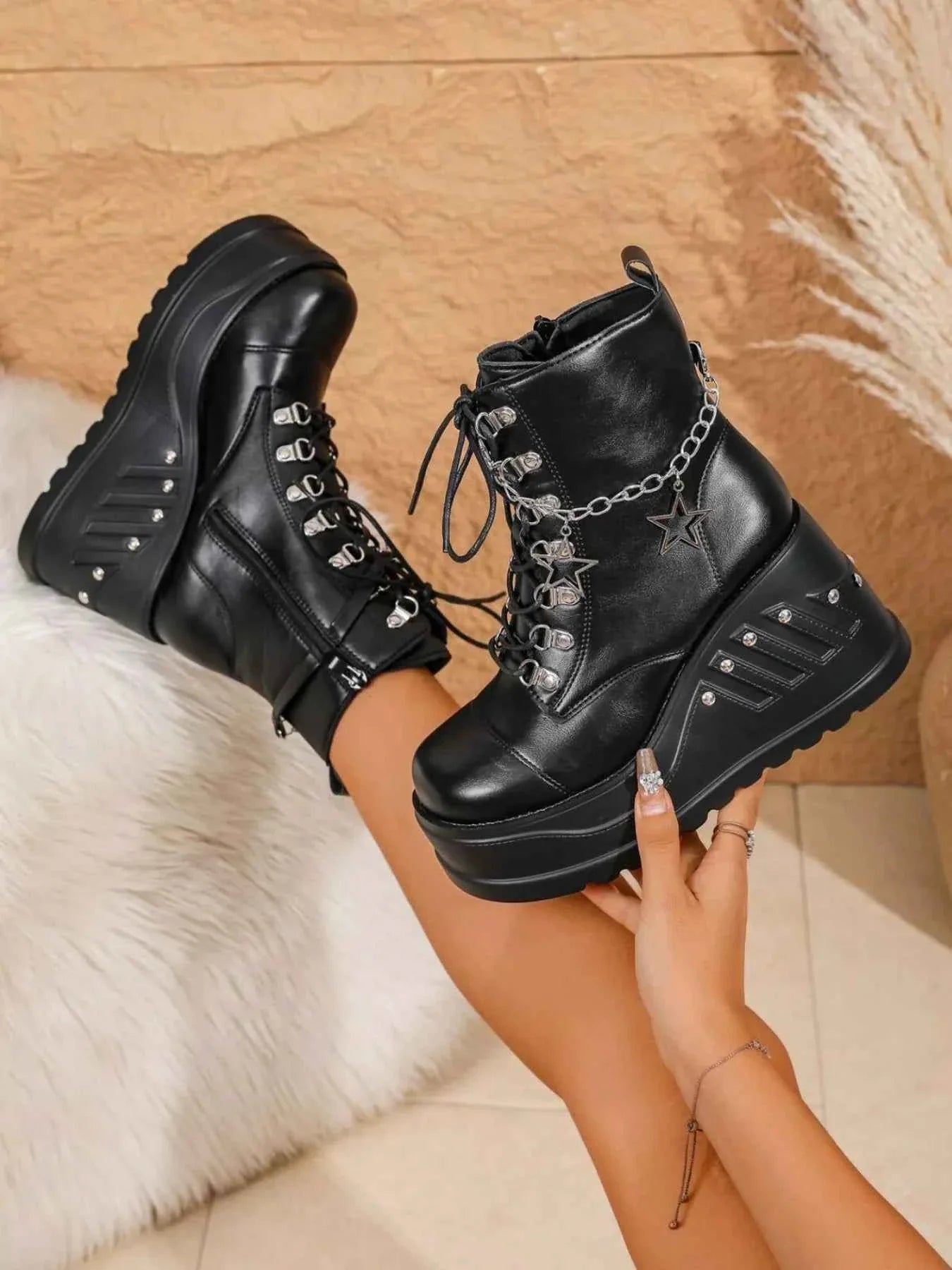 Fashion Platform Goth Boots : With Lace up Wedges Chain