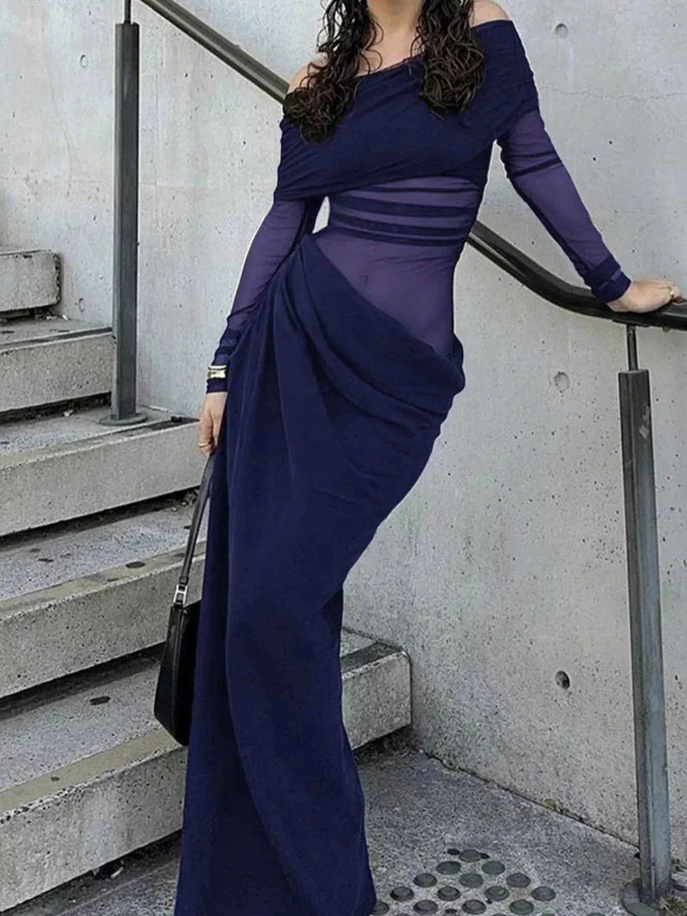 Off-Shoulder Long Sleeve Ruched : Bodycon Maxi Dress