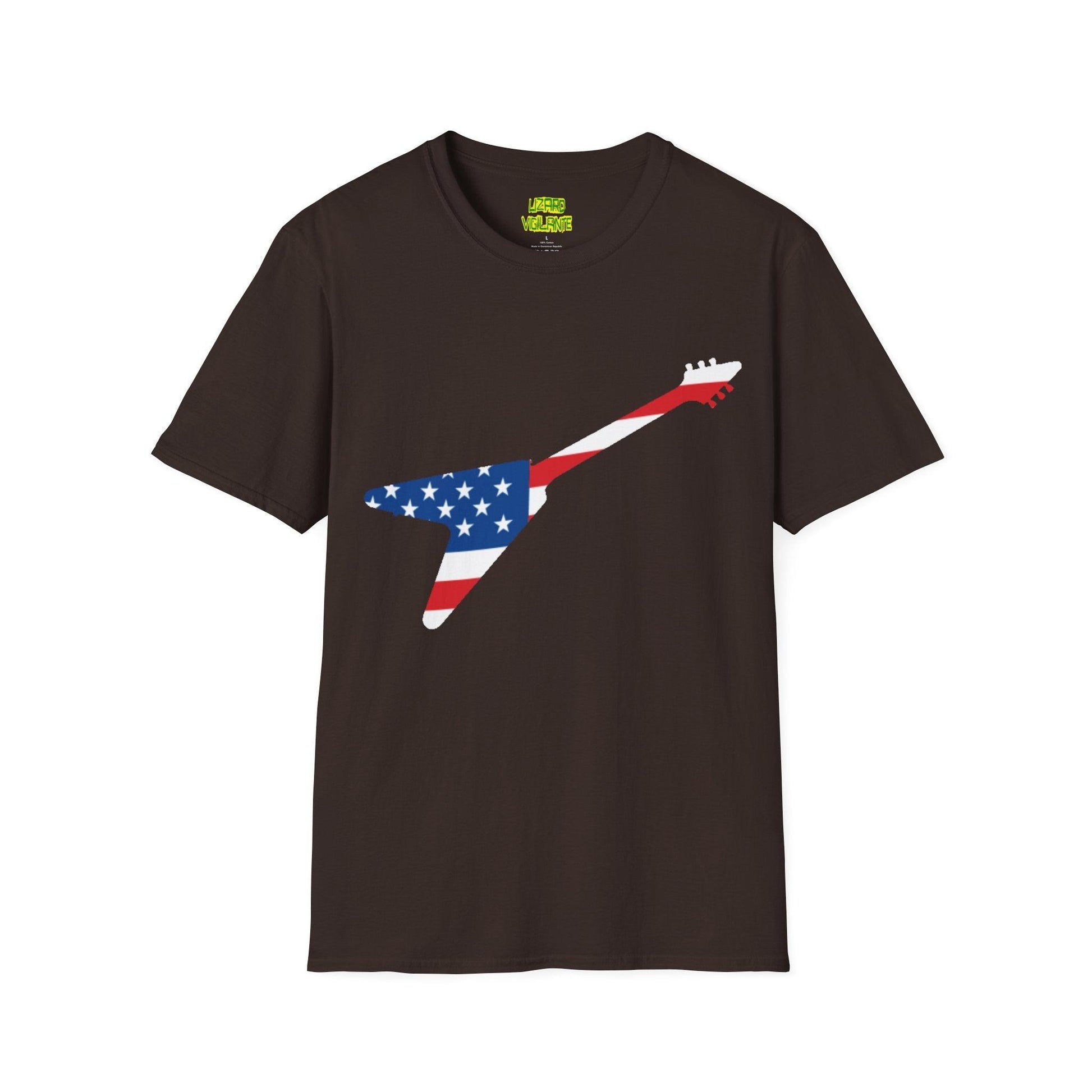 American Flag Colored Flying V Electric Guitar Unisex Softstyle T-Shirt - Lizard Vigilante