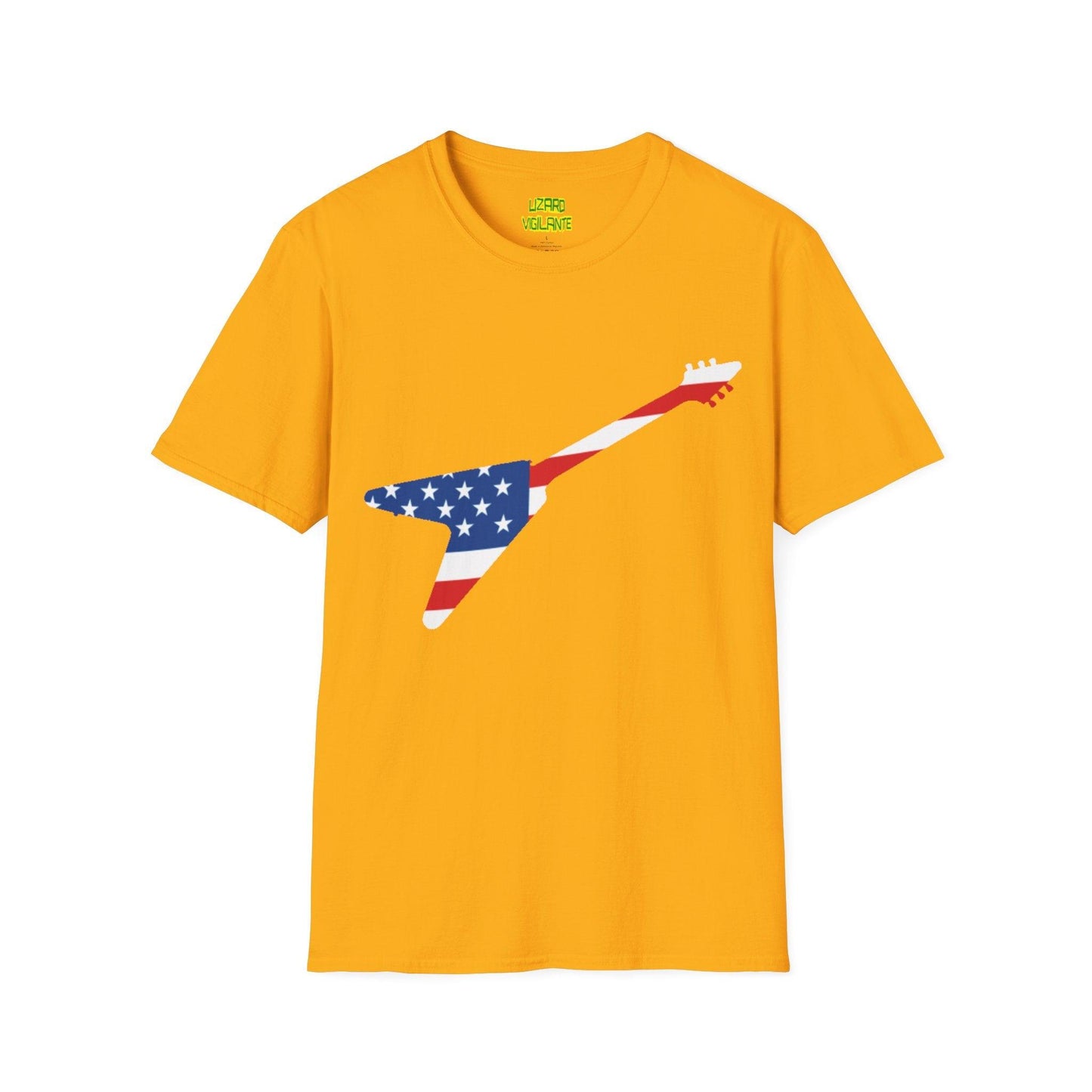 American Flag Colored Flying V Electric Guitar Unisex Softstyle T-Shirt - Lizard Vigilante