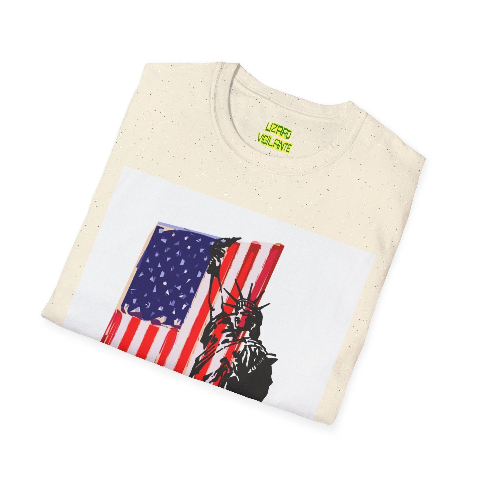 American Flag With Statue of Liberty Graphic Unisex Softstyle T-Shirt - Lizard Vigilante