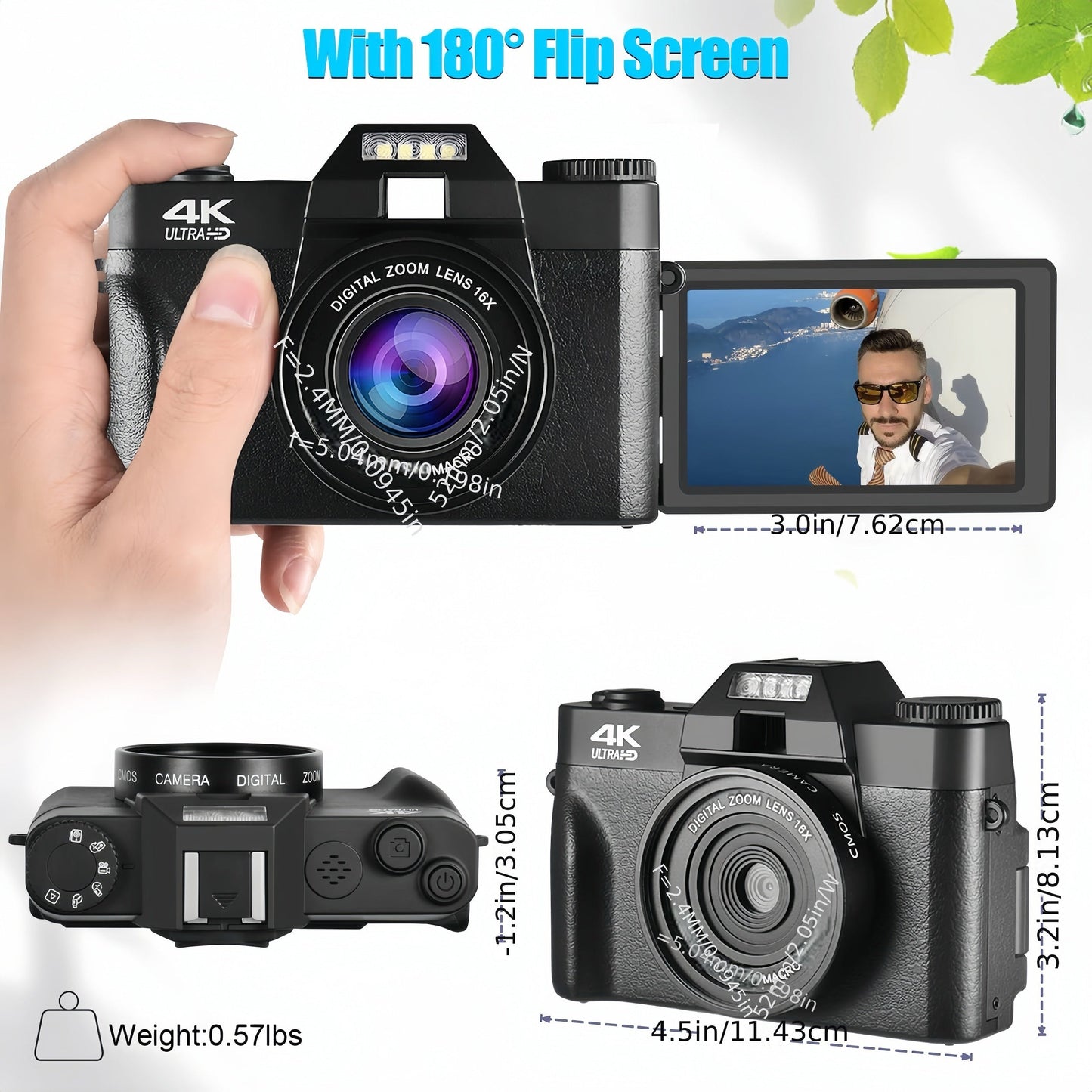 4K 48MP 16X Autofocus Digital Camera for Photography and Video, WiFi Enabled, 3" 180° IPS Flip Screen, Anti-Shake, Compact Vlogging Camera with 32GB Card and 2 Batteries