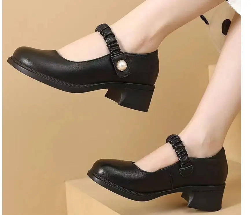 Mary Jane Leather Shoes Women's Pearl Japanese Style