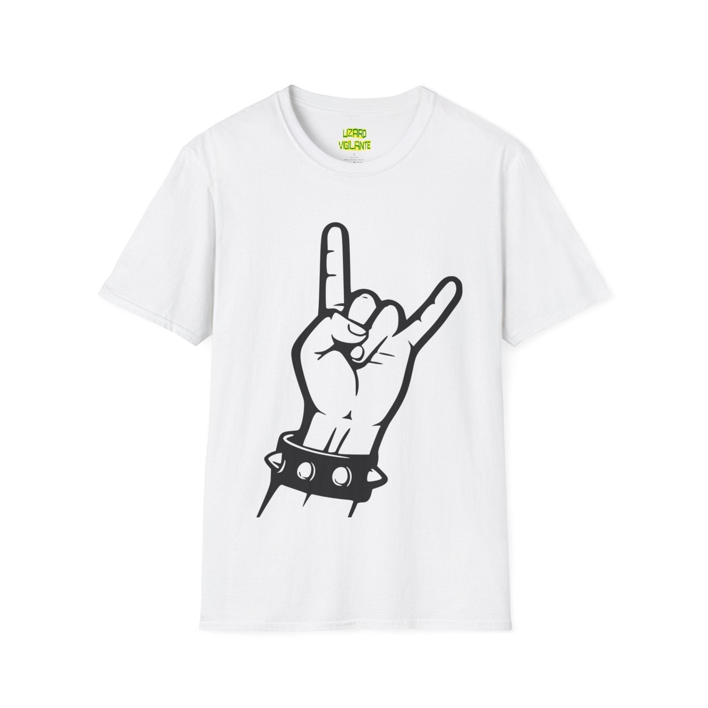 Metal Hand Gesture With Spiked Wristband Unisex Softstyle T-Shirt - Lizard Vigilante