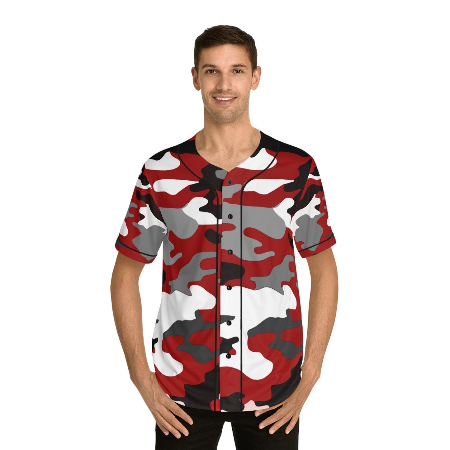 Red Black Grey White Camouflage Men's Baseball Jersey - Lizard Vigilante