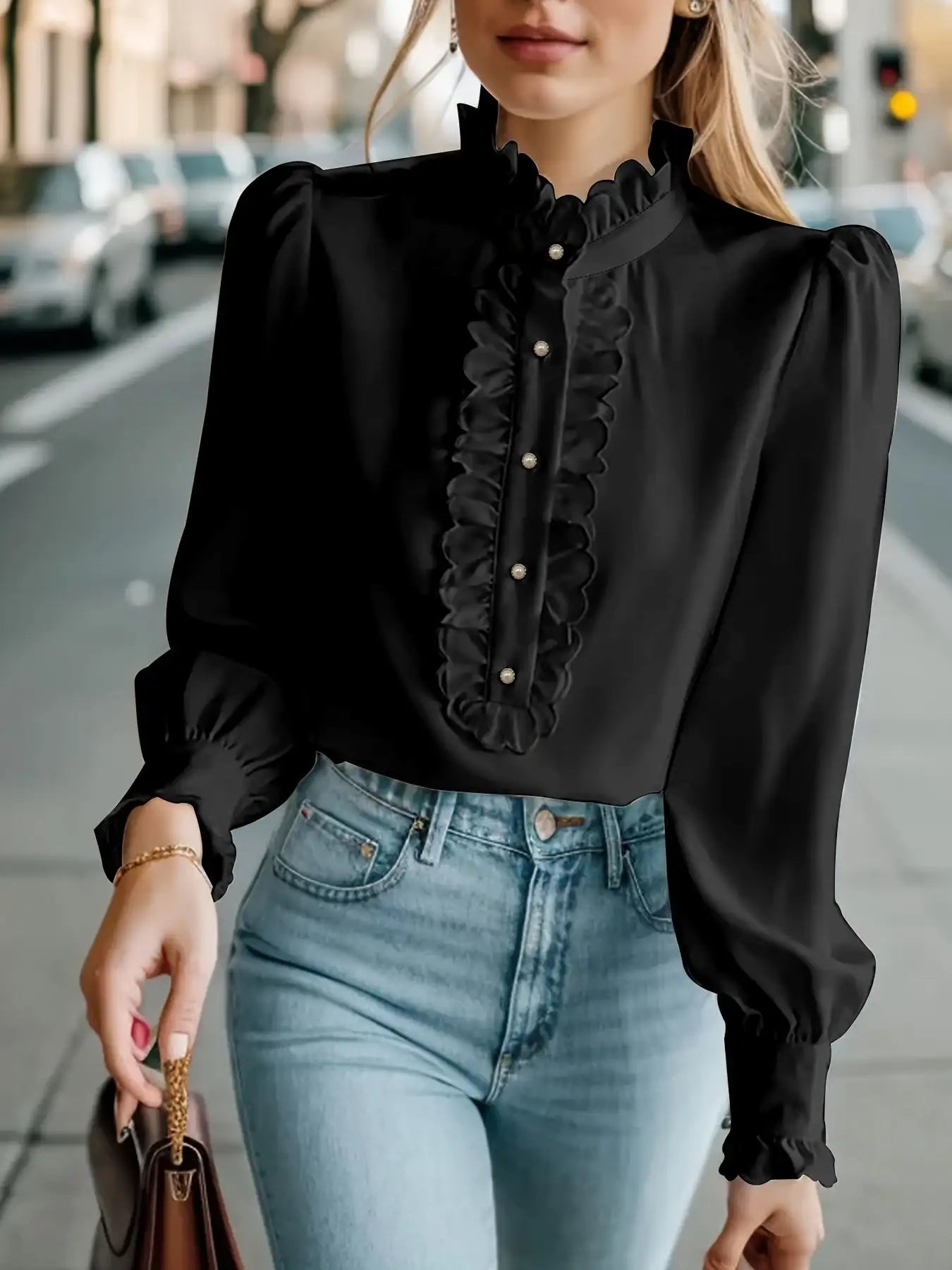 Fashionable Stand-up Collar Long-sleeved Shirt With Lotus Leaf Hem