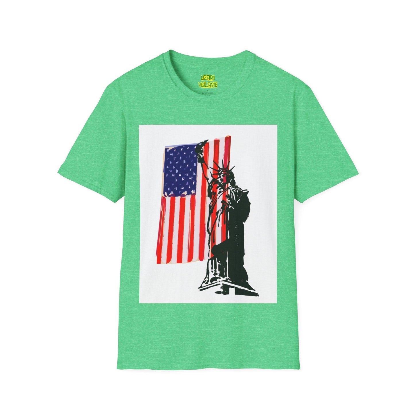 American Flag With Statue of Liberty Graphic Unisex Softstyle T-Shirt - Lizard Vigilante