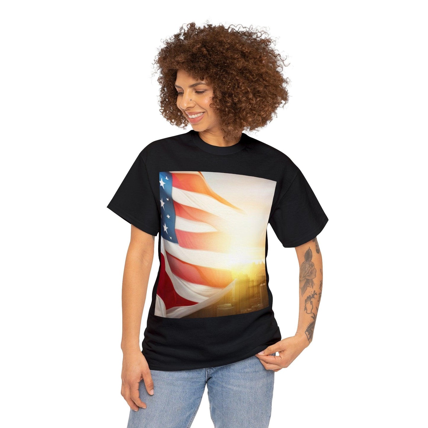 Patriot American Flag Over Gotham Unisex Heavy Cotton Tee / Red, White, and Blue Old Glory Sun T-Shirt - Lizard Vigilante