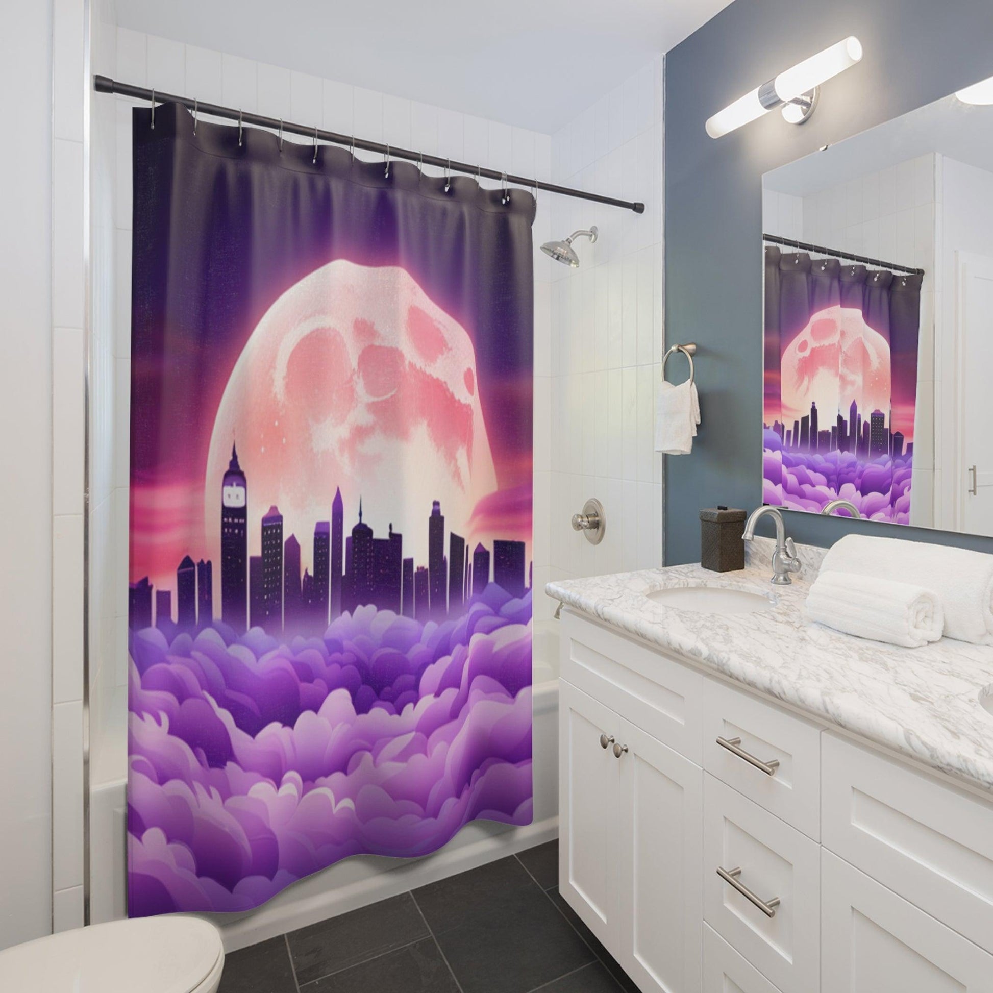 Purple Moontown Shower Curtains - Lizard Vigilante