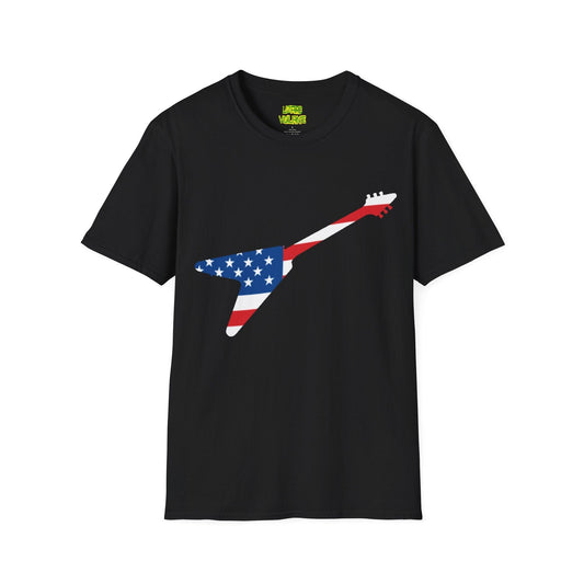 American Flag Colored Flying V Electric Guitar Unisex Softstyle T-Shirt - Lizard Vigilante