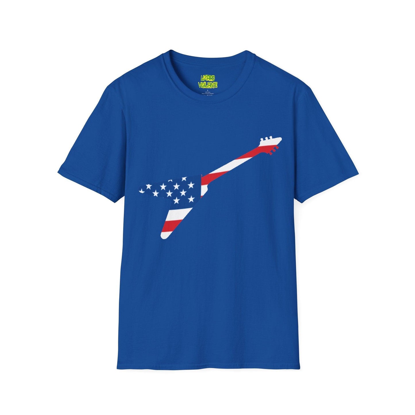 American Flag Colored Flying V Electric Guitar Unisex Softstyle T-Shirt - Lizard Vigilante