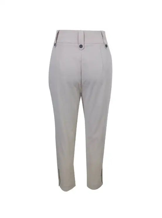 Women's Solid Color Non Elastic Belt Button Detail Four Season Fashion Pants