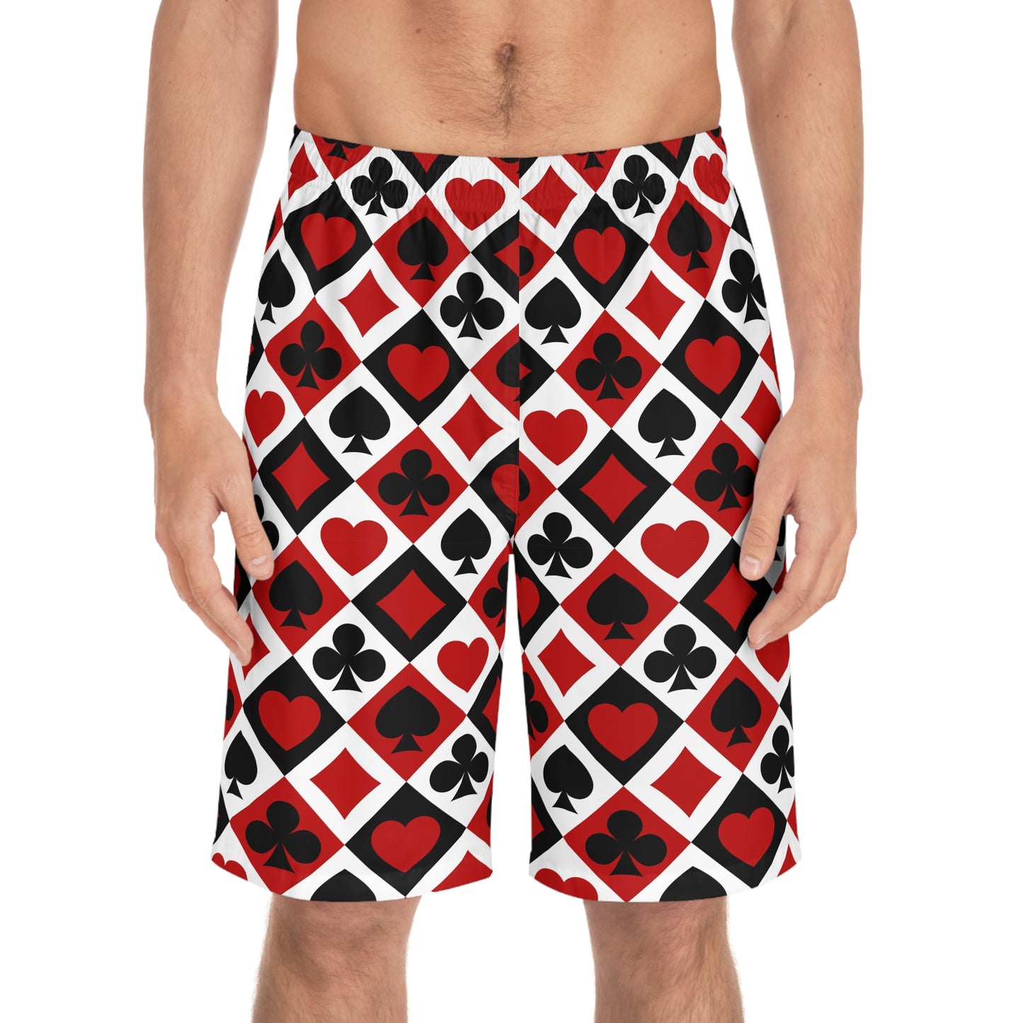 Card Suits Pattern Board Shorts — Red & Black Hearts, Clubs, Diamonds, Spades Swim Trunks