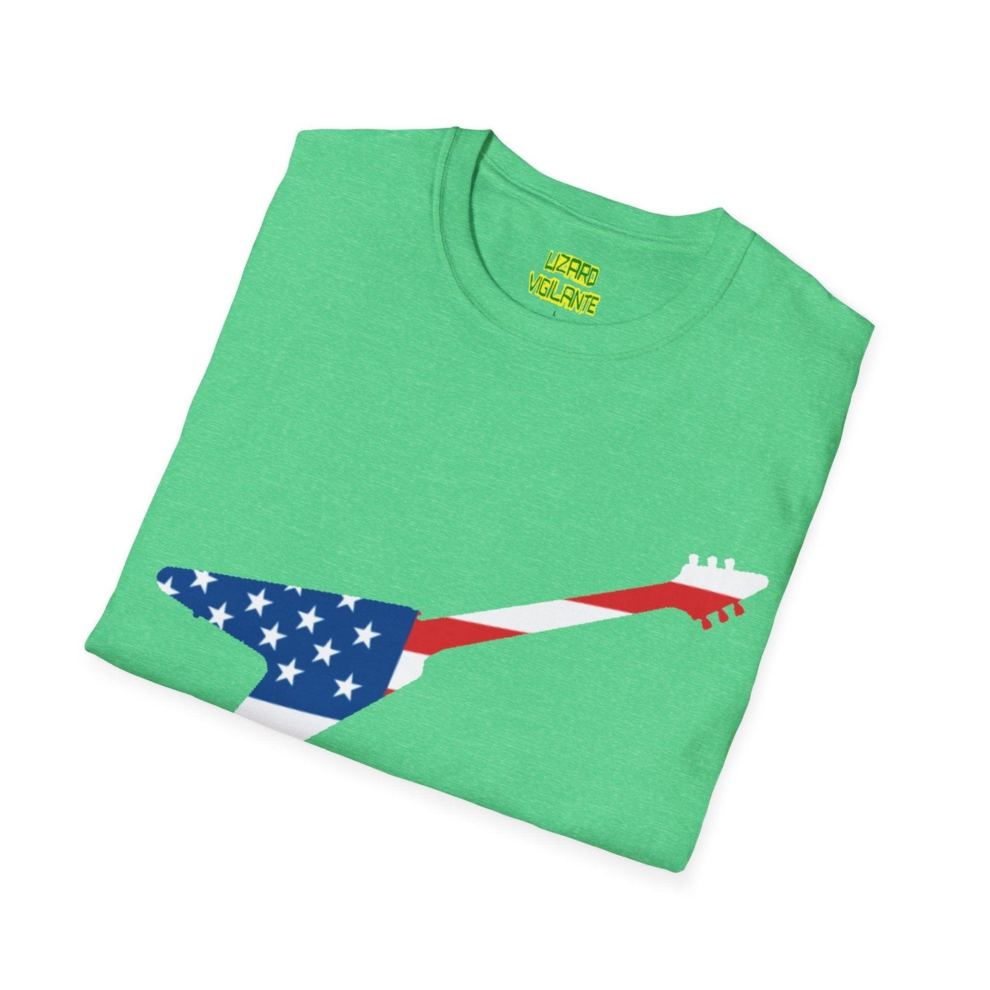 American Flag Colored Flying V Electric Guitar Unisex Softstyle T-Shirt - Lizard Vigilante