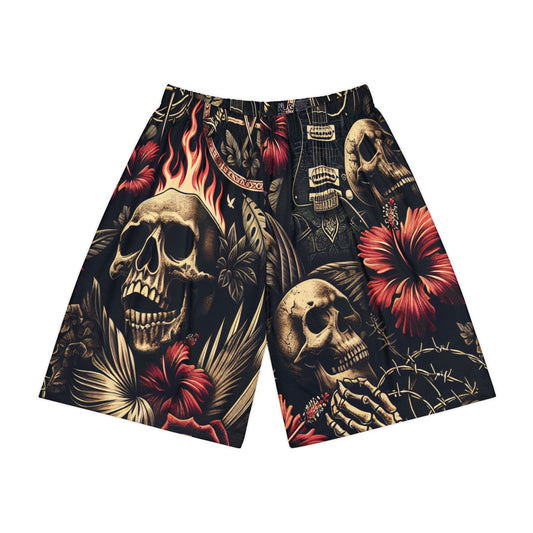Skull Floral Sports Shorts for Men, Cool Summer Wear, Beach Shorts, Festival Outfit, Activewear Bottoms, Gothic Style