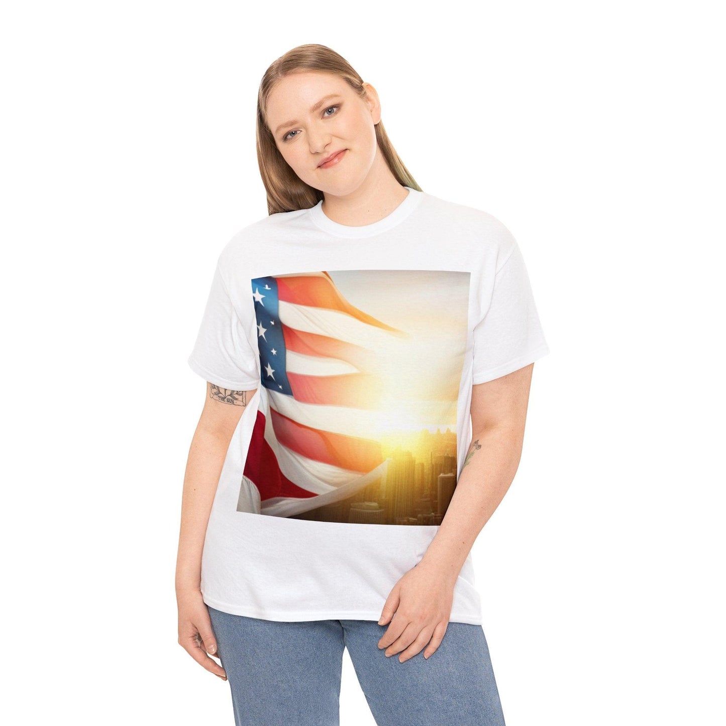 Patriot American Flag Over Gotham Unisex Heavy Cotton Tee / Red, White, and Blue Old Glory Sun T-Shirt - Lizard Vigilante