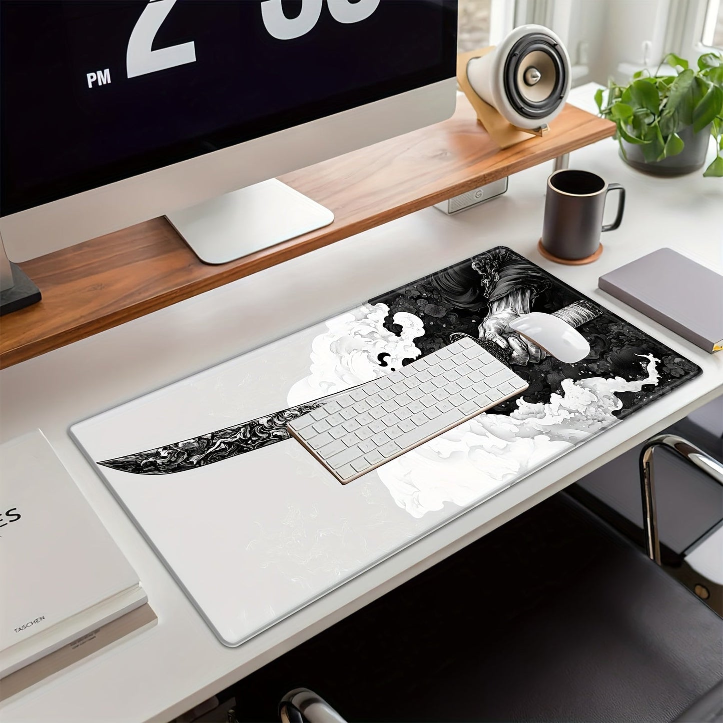 Extended Gaming Mouse Pad with Japanese Samurai Sword Design, Extra Large, Stitched Edges, Washable, Non-Slip Rubber Base, 31.5x11.8 inches