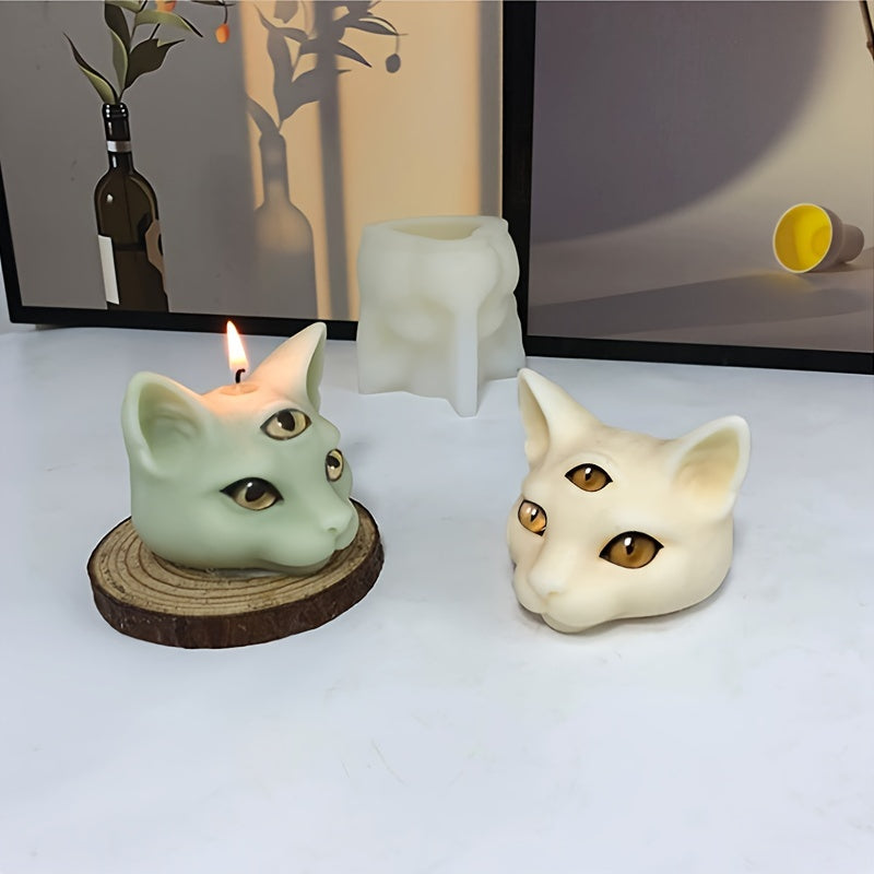1pc 3D Three Eyed Cat Resin Scented Candle Wax Silicone Mold, DIY Evil Cat Head Silicone Molds For Candle Chocolate Making Epoxy Soap Casting, Animal Shape Molds For Halloween Gifts Home Decor