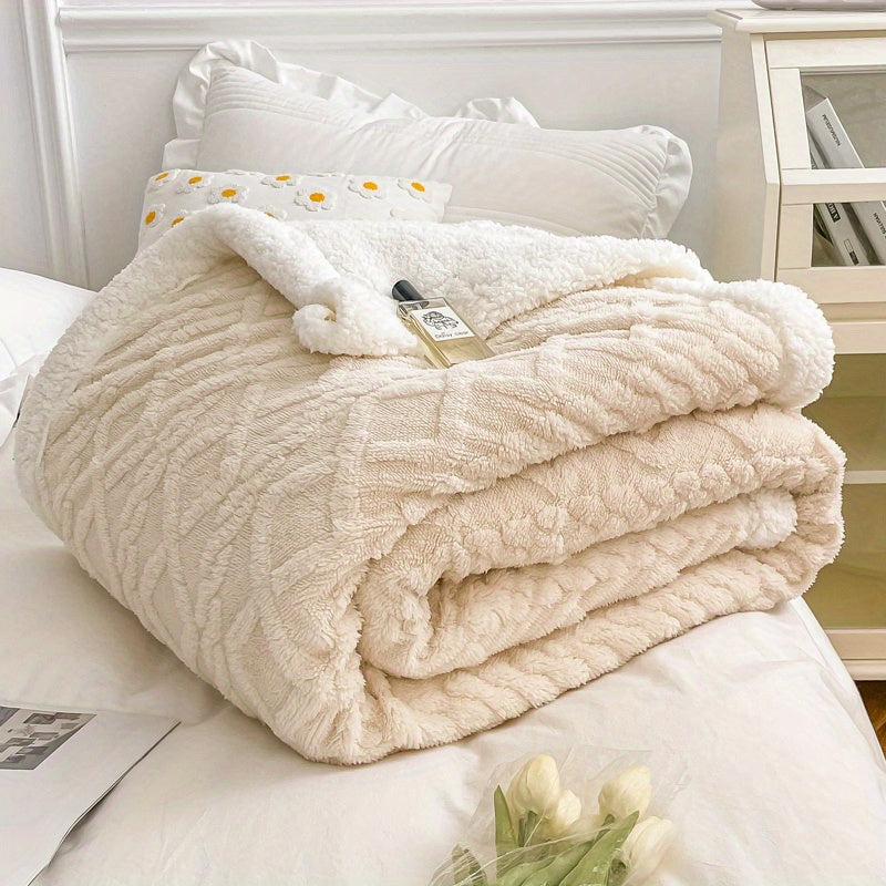 [Versatile Use] Luxurious Double-Layer Jacquard Taffeta Fleece Blanket, Thick Plush White Bed Throw for Single or Double Use - Soft, Cozy, All-Season Comfort, Ideal for Bedroom Elegance, Blanket for Bed