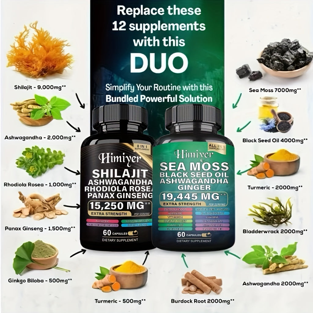 Sports Health Energy Pack, Shilajit And Seamoss Ginger South African Drunken Eggplant Capsule, Sea Moss 7000 Mg, Black Seed Oil 4000 Mg, Ashwagandha 2000 Mg, Ginger And Shilajit 9000 Mg, Rhodiola Rosea 1000 Mg, 19445mg+15250m - Premium  from Lizard Vigilante - Just $10.99! Shop now at Lizard Vigilante