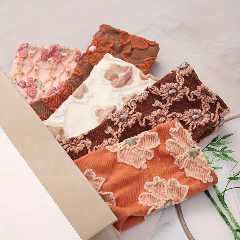 5 Pairs Floral Print Socks, Comfy & Breathable Mid Tube Socks, Women's Stockings & Hosiery