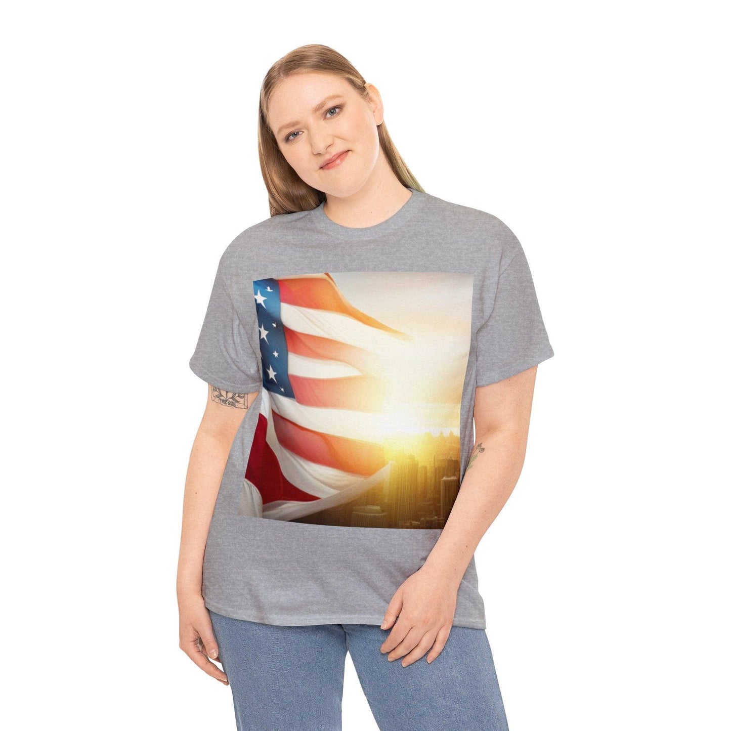 Patriot American Flag Over Gotham Unisex Heavy Cotton Tee / Red, White, and Blue Old Glory Sun T-Shirt - Lizard Vigilante