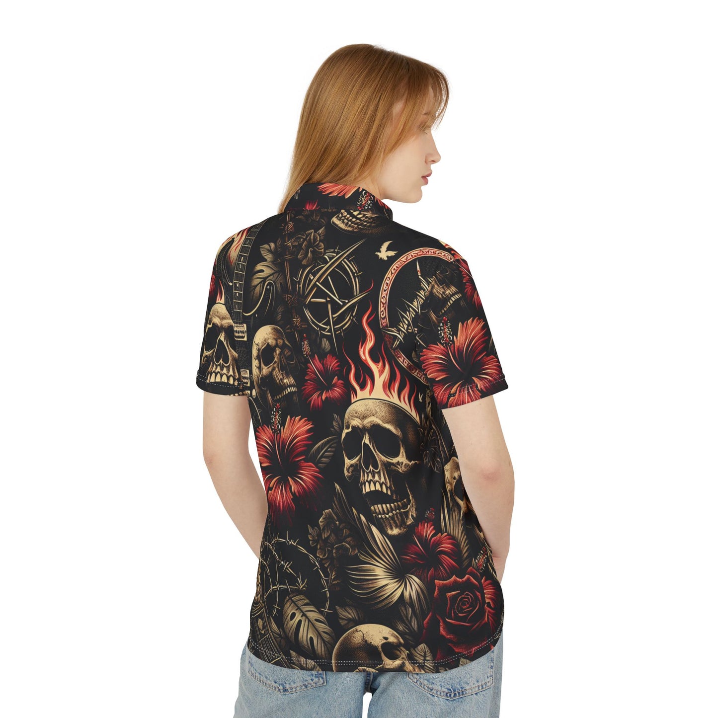 Edgy Floral Skull Polo Shirt, Unisex Casual Wear, Alternative Fashion, Summer Outing, Festival Attire