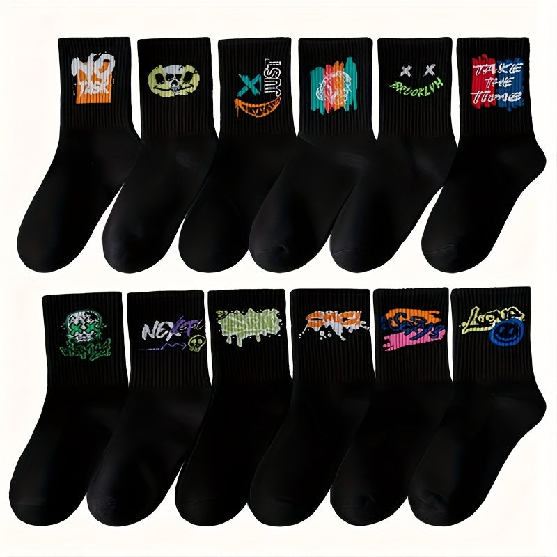 3/6/8/10/12 Pairs Of Medium Length Socks With Graffiti And Spray Painting For Personalized Fashion, Comfort, And Durability