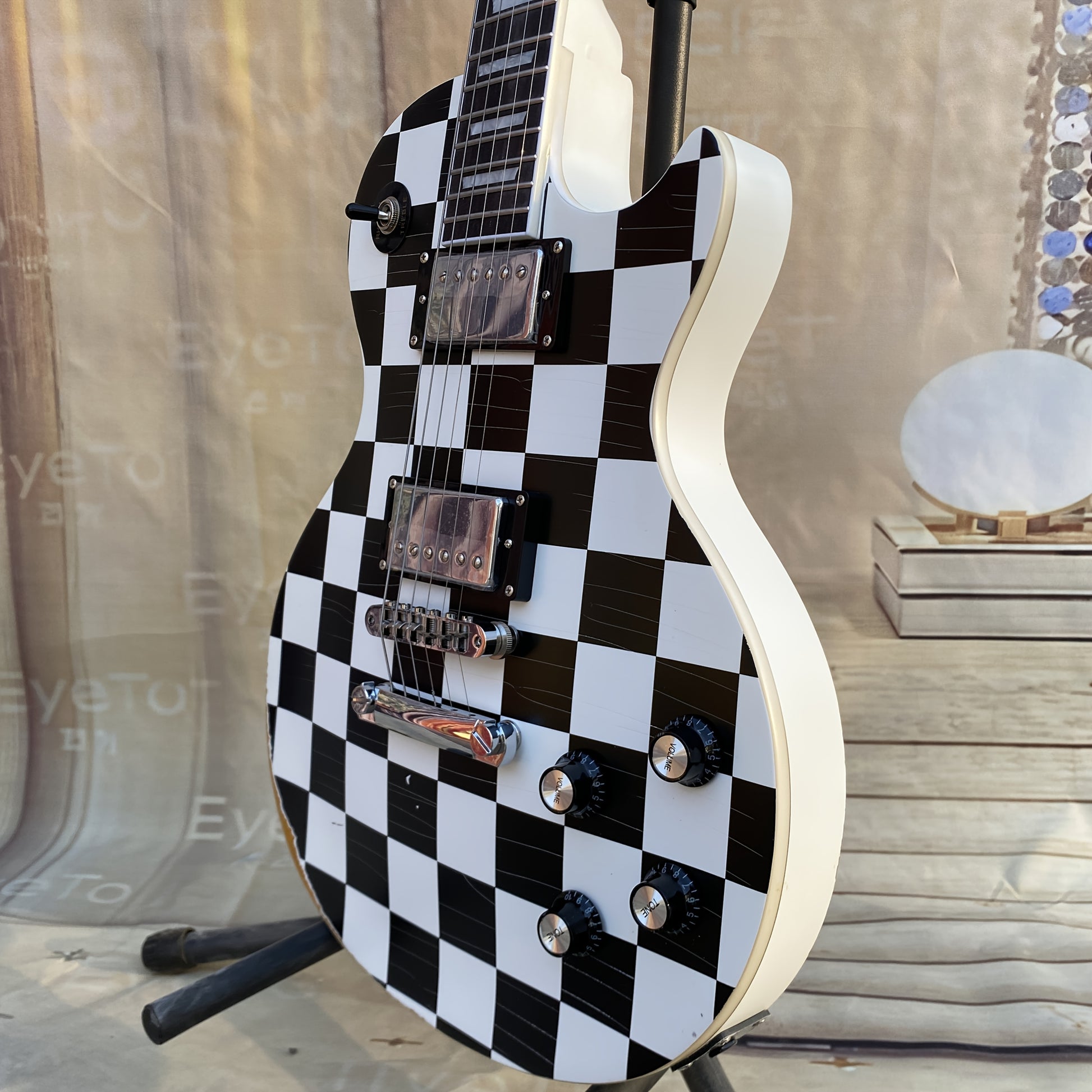 LP Electric Guitar – Black & White Chess Grid Design with Mahogany Build, H-H Pickups, and Tune-O-Matic Bridge - Premium guitar from Lizard Vigilante - Just $501.08! Shop now at Lizard Vigilante