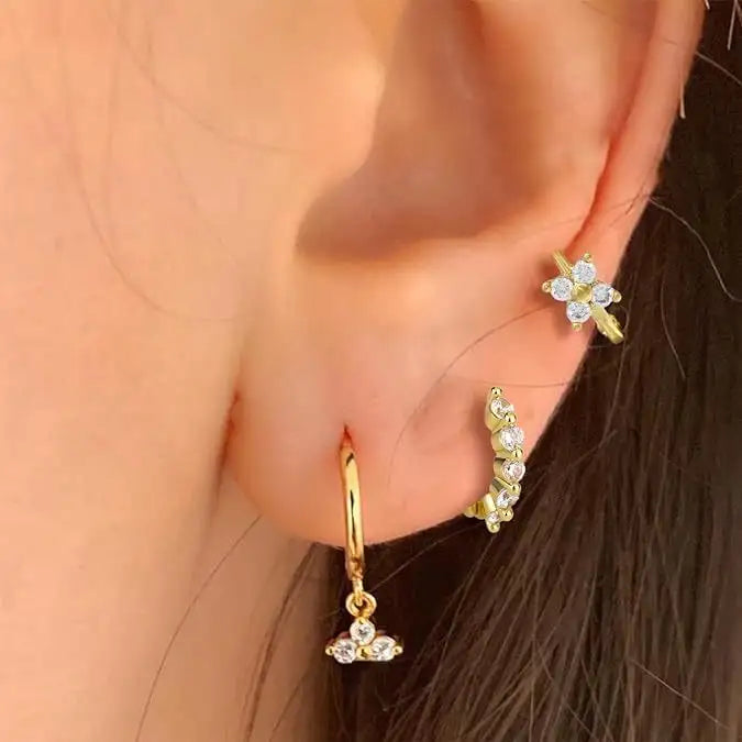 Brass Real Gold Plating Inlaid Zircon Geometric Flower Three-piece Set