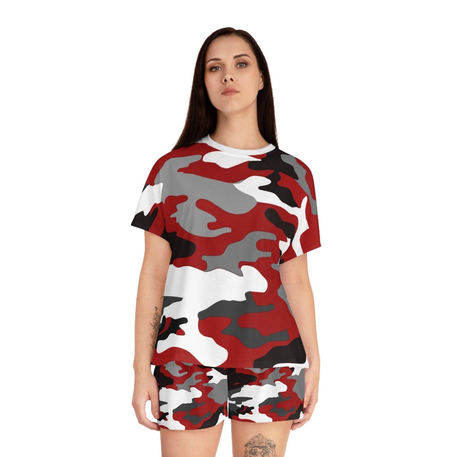 Red Black White Grey Camouflage Women's Short Pajama Set - Lizard Vigilante