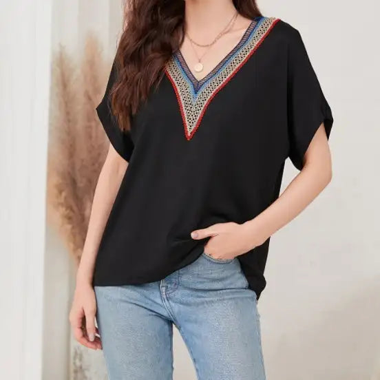 Women's Loose Fit Short Sleeved Breathable Casual Lace V-neck Shirt Top