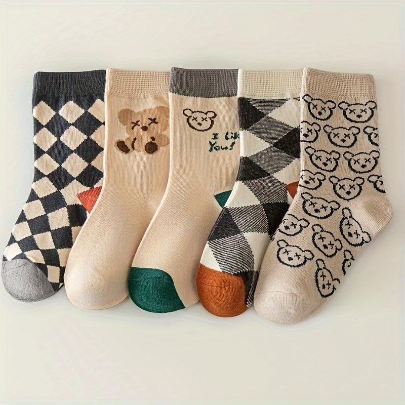 5 Pairs of Vibrant Cartoon Checkered Crew Socks for Boys - Calf Socks with Breathable, Comfy, Casual Style for Unisex Kids, Perfect for Outdoor Play All Seasons, Soft, Gentle, and Durable