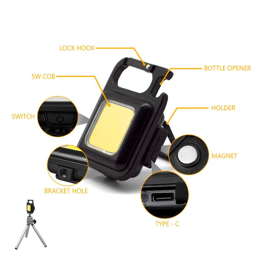 2-Pack Rechargeable COB Keychain Work Lights – EDC Flashlight with Folding Stand & Bottle Opener for Camping, Fishing, and Emergencies