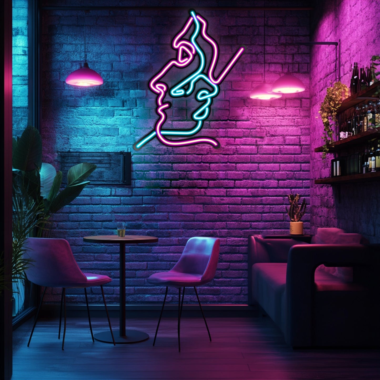 Two Faces Line Art Metal Neon Wall Art- LN0007