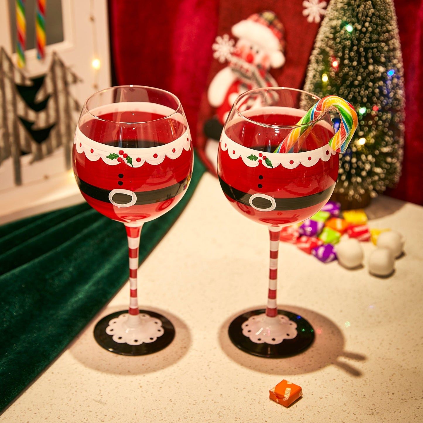 Santa's Elf Stemmed Wine & Water Glasses - Set of 2 - Shining Red & Black, 9" H - Christmas & Holiday Parties Glassware - Xmas Tree - Set of 2, 17.5oz - Santa Festive Glass - Great Gift!
