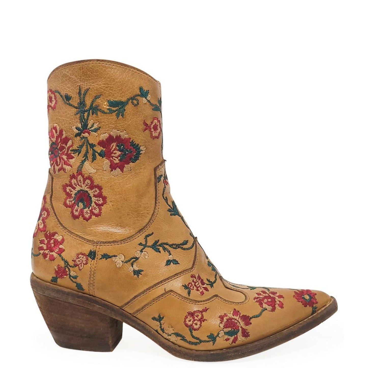 Tan Leather Embroidered Ankle Boot