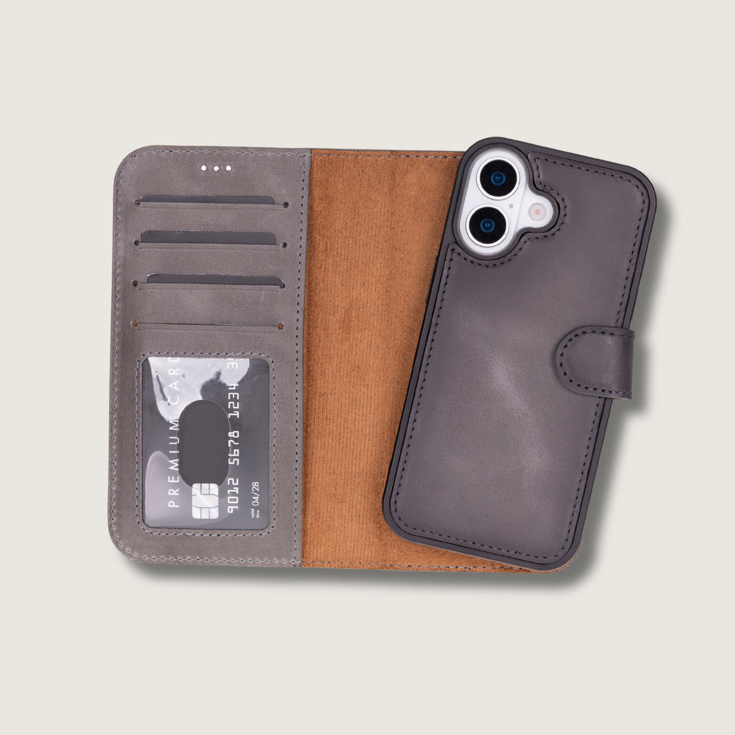 Leathere iPhone 17 Wallet Case – Gray - New York