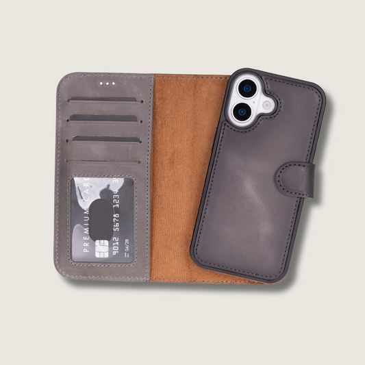 Leathere iPhone 17 Wallet Case – Gray - New York