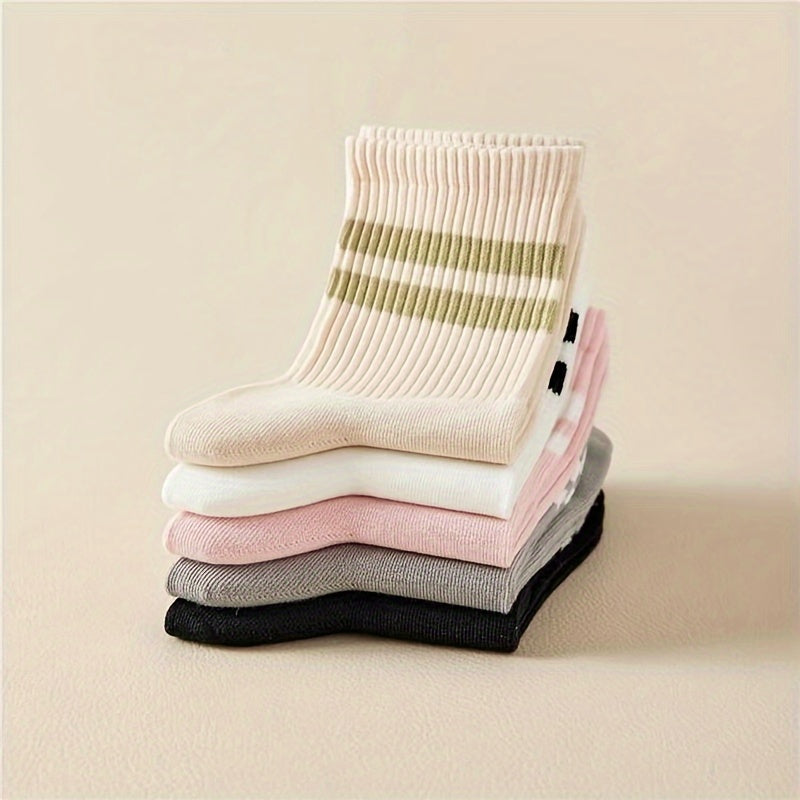 5 Pairs Striped Print Socks, College Style Sports Mid Tube Socks, Women's Stockings & Hosiery