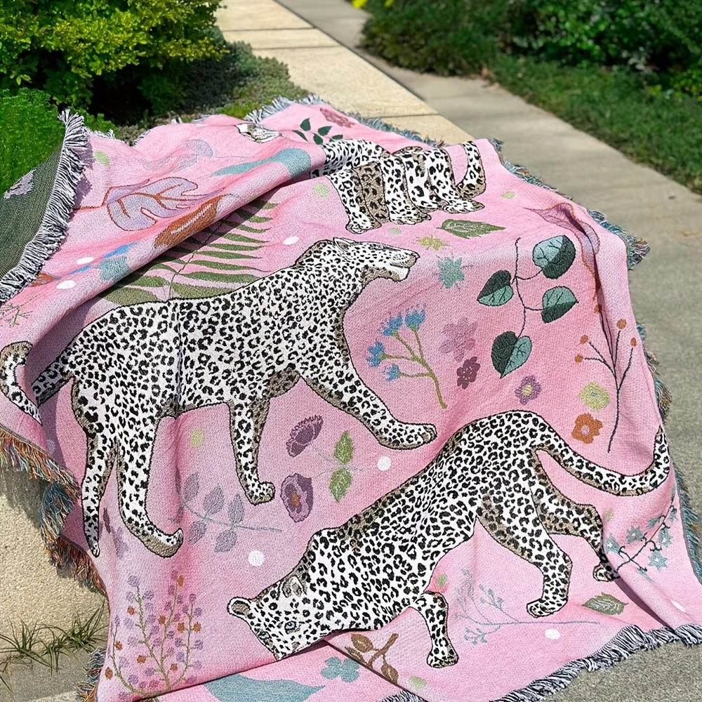 Bohemian Knitted Leopard Tassel Blanket, Suitable For Camping, Casual Picnic, Multifunctional Throw Blanket