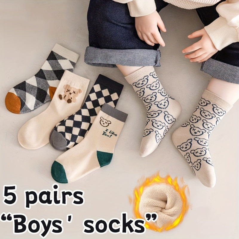 5 Pairs of Vibrant Cartoon Checkered Crew Socks for Boys - Calf Socks with Breathable, Comfy, Casual Style for Unisex Kids, Perfect for Outdoor Play All Seasons, Soft, Gentle, and Durable