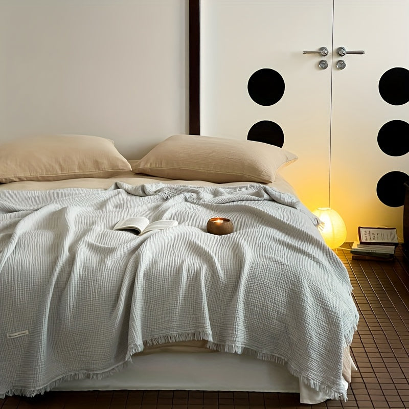 1pc Cotton Crinkle Tassel Blanket Solid Color Nap Blanket Leisure Travel Sofa Bed Blanket