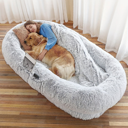 Orthopedic Human Dog Bed 71"x45"x12" Oval Washable Faux Fur Pet Bed with Plump Pillow, Blanket & Strap - Non-Slip Spa Design for All Dog Sizes, Grey, Cozy Nap Spot, Cozy Aesthetic, Durable Polyester, Home Lounging
